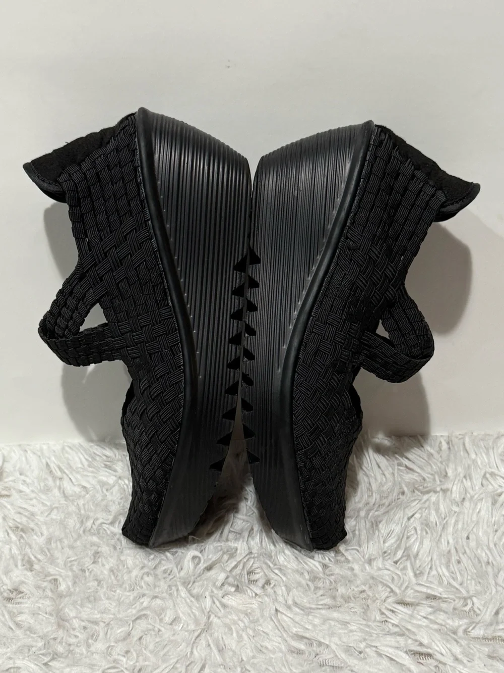 bernie mev. Black Woven Elastic Wedge Sandals Size 38 US7.5